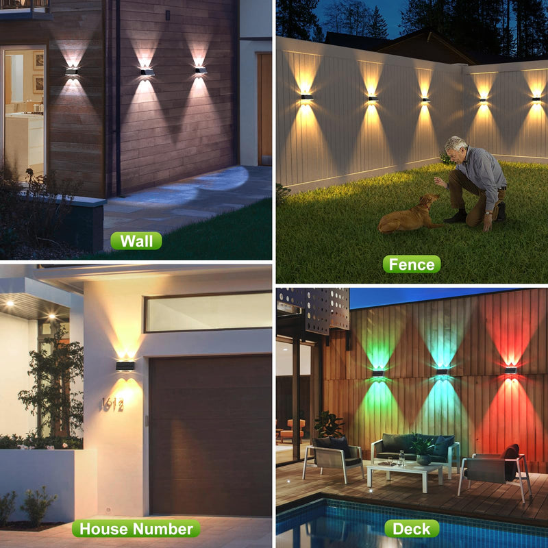 LANSOW Solar Fence Lights 2 Pack, Solar Powered Lights Outdoor Waterproof, 9-Mode Warm/Cool White & RGB Up-Down Led Spot Wall Lights Dusk to Dawn Decor for Backyard, Deck, Patio, Pool, Railing(Black) Black