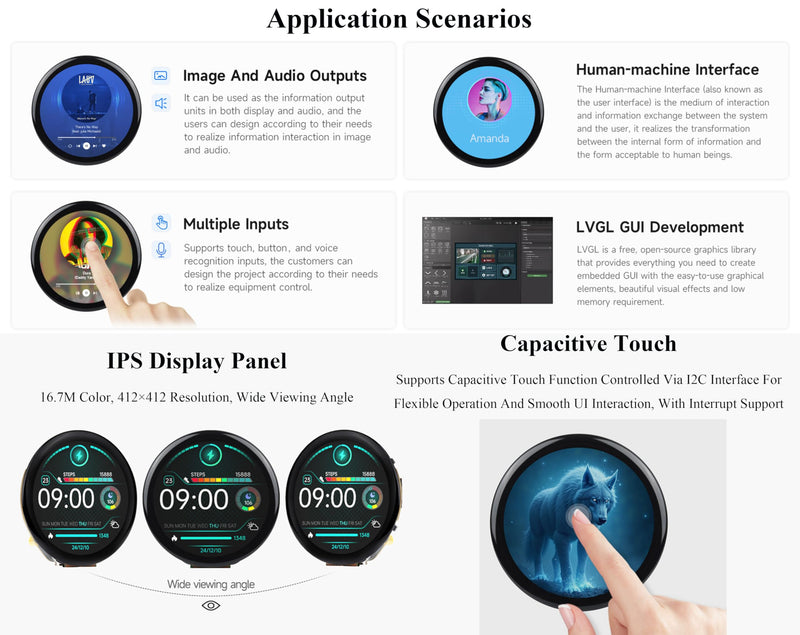ESP32-S3 1.46inch Round Touch Display Development Board, 412x412 IPS LCD, Onboard Speaker and Microphone/Audio Input and Output, Supports Offline Speech Recognition and AI Speech Interaction
