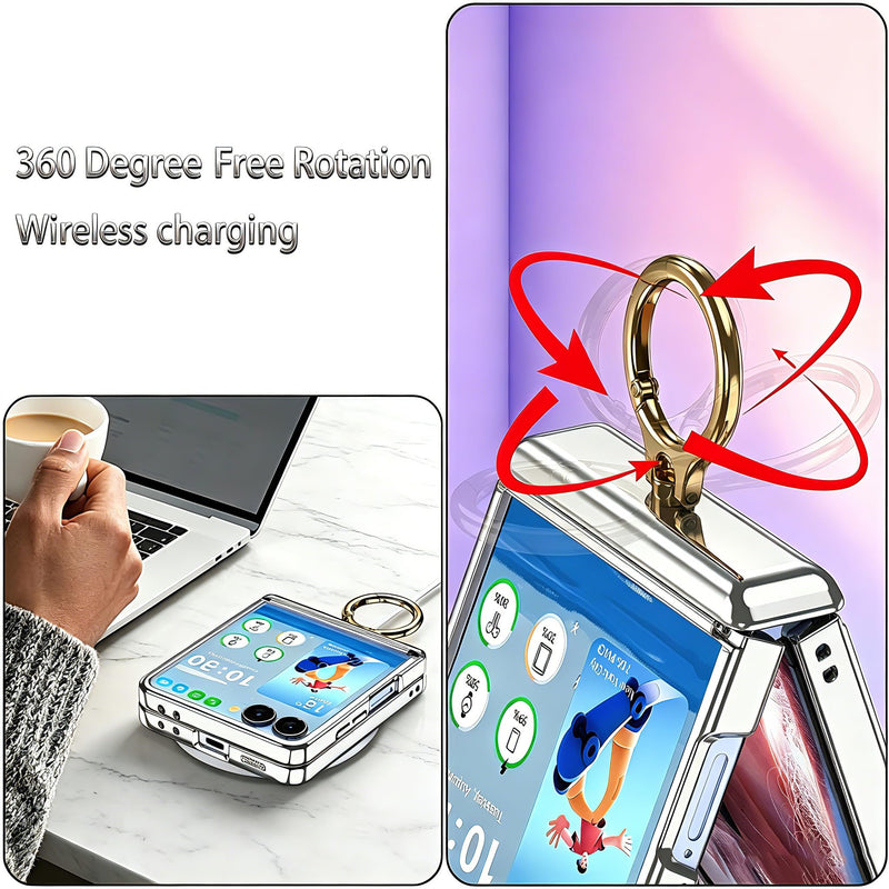 Designed for Samsung Galaxy Z Flip 8 Case with Ring Holder Hinge Protection | Ultra Slim Crystal Plating Protective Cover Case with Screen Protector for Z Flip 8 Clear Silver Clear Silver B