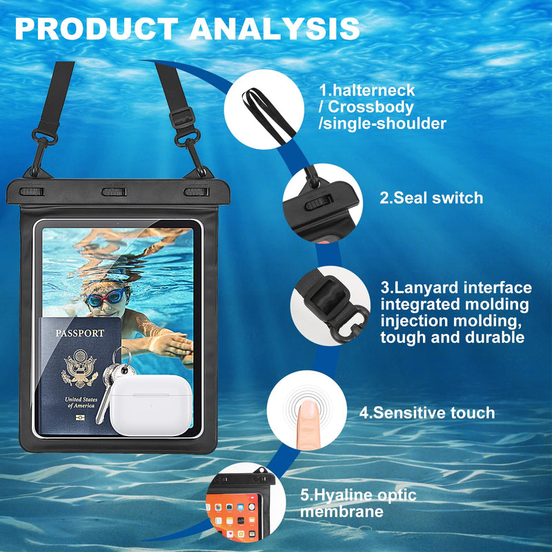 Universal iPad Waterproof Bag Case, Touch Sensitive Dry Bag with Lanyard Waterproof Bag Case for iPad 8th/7th/6th/5th/4th Generation 10.5/10.2/9.7/10.2 ipad Mini Case Absolute Black