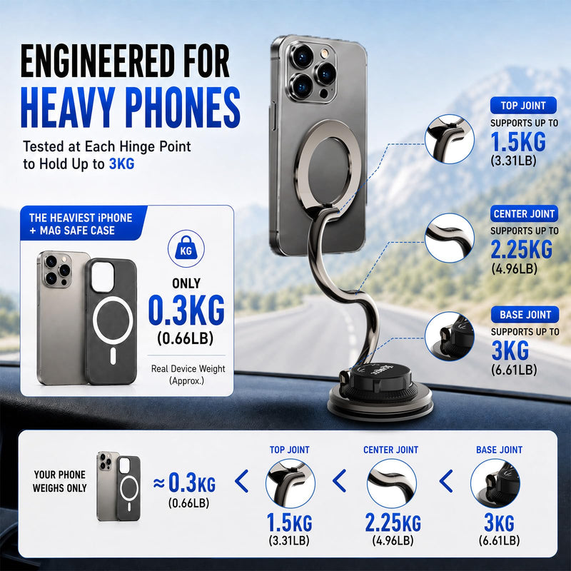 MagSafe Phone Mount, 175mm Long Arm Dashboard Holder | Full Phone Visibility – Designed for Large Dashboard Displays Without Blocking Your Screen