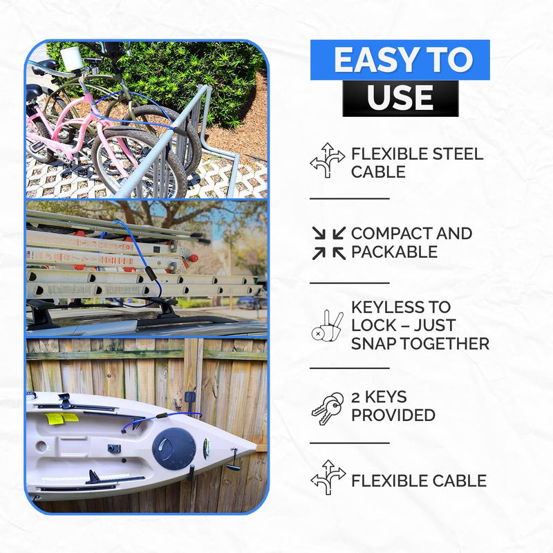 Security Cable Lock (5' to 25’ Lengths) with Keys | Weatherproof, Multi-Purpose, Anti-Theft Protection, 10mm Diameter, For Kayaks, Bikes, Paddleboards, Scooters, Equipment 10ft
