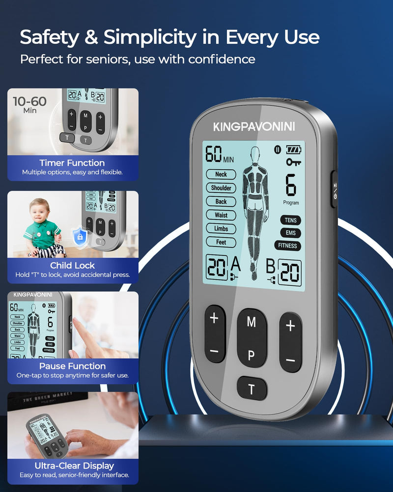 KingPavonini 3-in-1 TENS Unit Muscle Stimulator for Pain Relief Therapy, Dual Channel 36 Modes TENS Machine with 12 Pads, Rechargeable & Portable EMS Muscle Stimulator for Back, Shoulder, Neck Grey