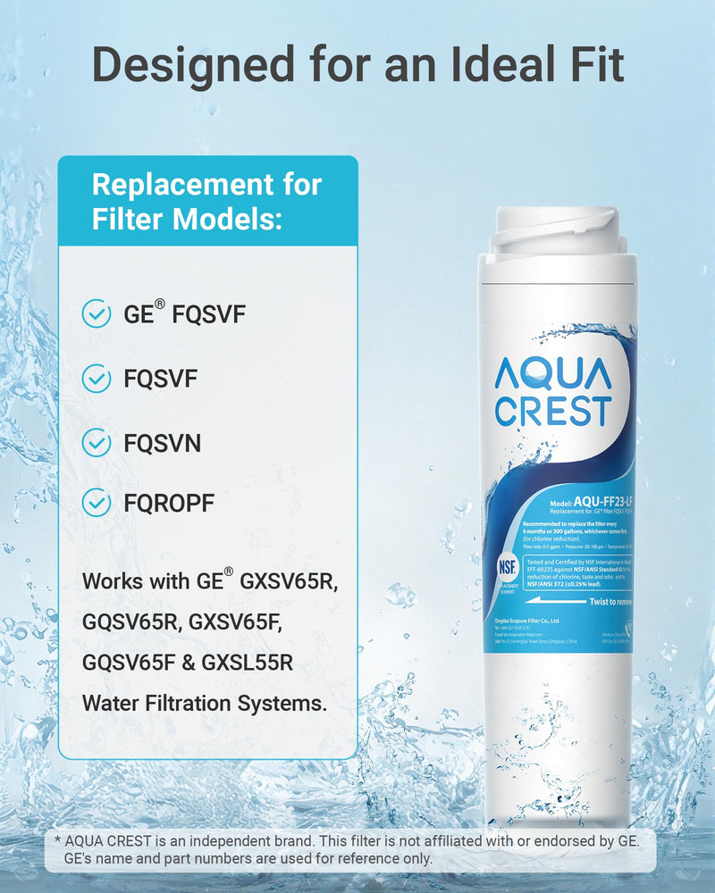 AQUA CREST FQSLF, FQSVF Under Sink Water Filter, Replacement for GE FQSLF, FQSVF, FQSVN, FQROPF, Compatible with GE GXSV65R, PXRQ15F, PNRQ15F, NSF 42 Certified, Model No.AQU-FF23-LF, 2 Pack