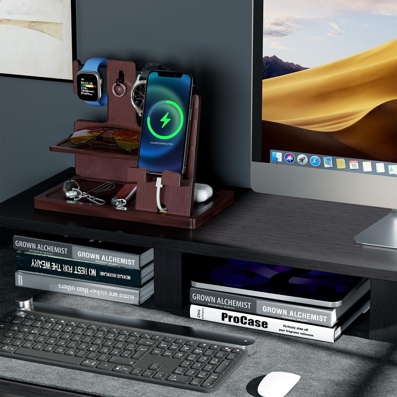 ProCase Gifts for Dad, Wood Phone Docking Station for Men, Dad Gifts From Daughter Son, Mens Nightstand Organizer, Anniversary Birthday Gifts for Dad Father Husband Him -Espresso (No Engraved) Espresso -NO Engraved Word