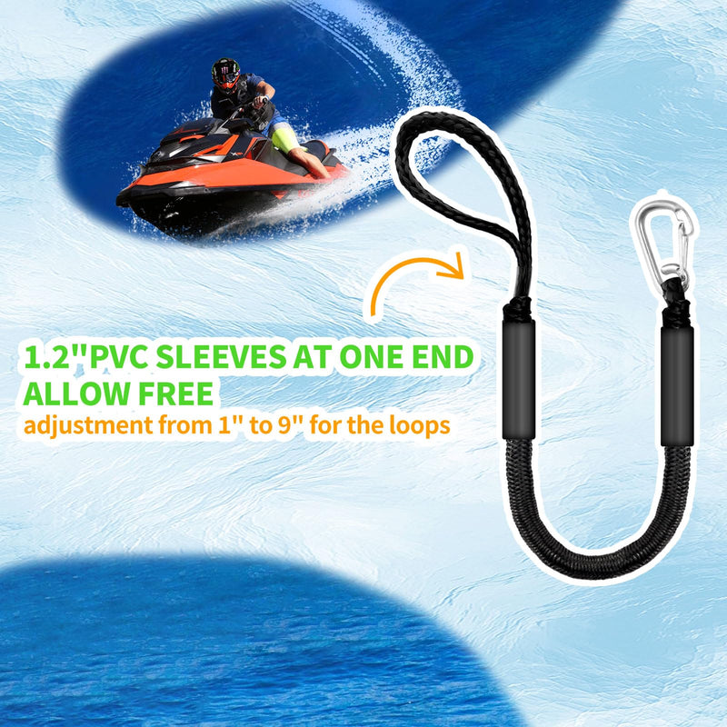 Bungee Dock Line for Boats – 3ft Elastic Mooring Rope with Stainless Steel Clip – Quick Dock Tie for Jet Ski, Pontoon (Black) Black