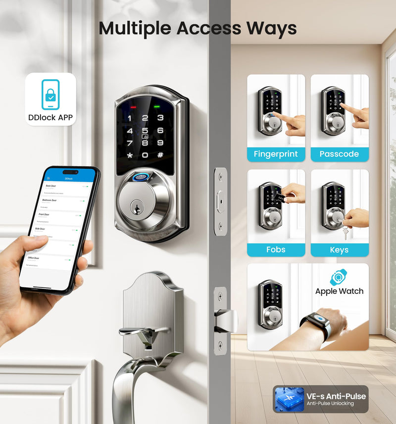 Veise VE07 Fingerprint Smart Door Lock, 7-in-1 Keyless Entry Deadbolt with App Control, Electronic Digital Touchscreen Keypad, Biometric Smart Locks for Front Door, Auto Lock, Satin Nickel