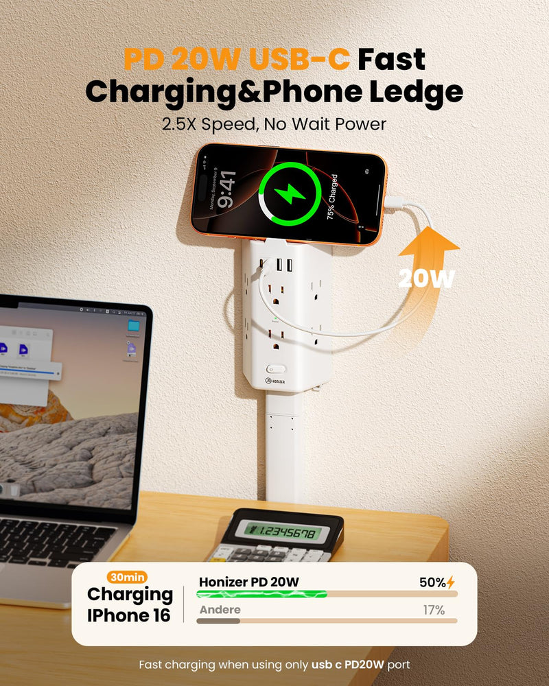 Flat Outlet Extender Stick,6 Widely Outlets,20W USBC,Extendable 11.6"-35.4" | Adjustable Wall Outlet for Behind Couch Bed TV Dresser Desk Dorm,3 Side Plug Outlet&Phone Ledge,Sag-Free 4 Way Fixed