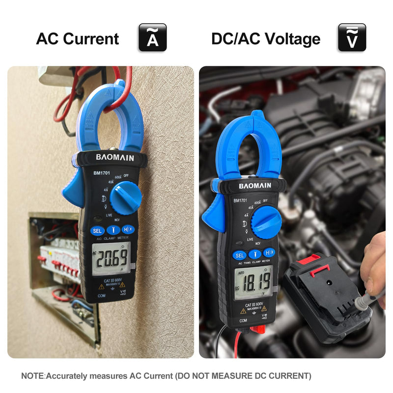 Baomain Digital Clamp Meter 4000 Counts Multimeter, Measures AC Current (4A/40A/600A), AC/DC Voltage,Resistance,Diode,Continuity, with NCV,Live Wire Test,BM1701 4000 Counts (4A/40A/600A)