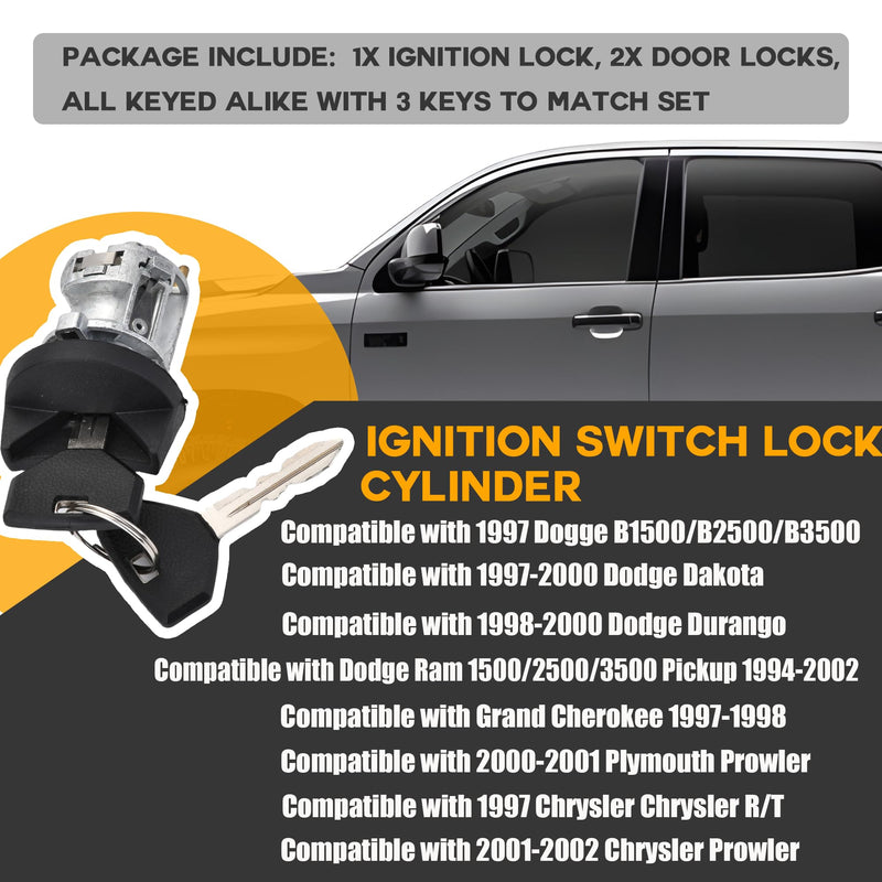 5003845AA YIZHIHUA Ignition Key Switch Lock Cylinder & Door Lock Tumbler Set Fit for Dodge Ram 1500 97-01, for Dakota 97-00, for Jeep Cherokee 97-98, Replace# US255L 926061 5003893AA 56021346AB