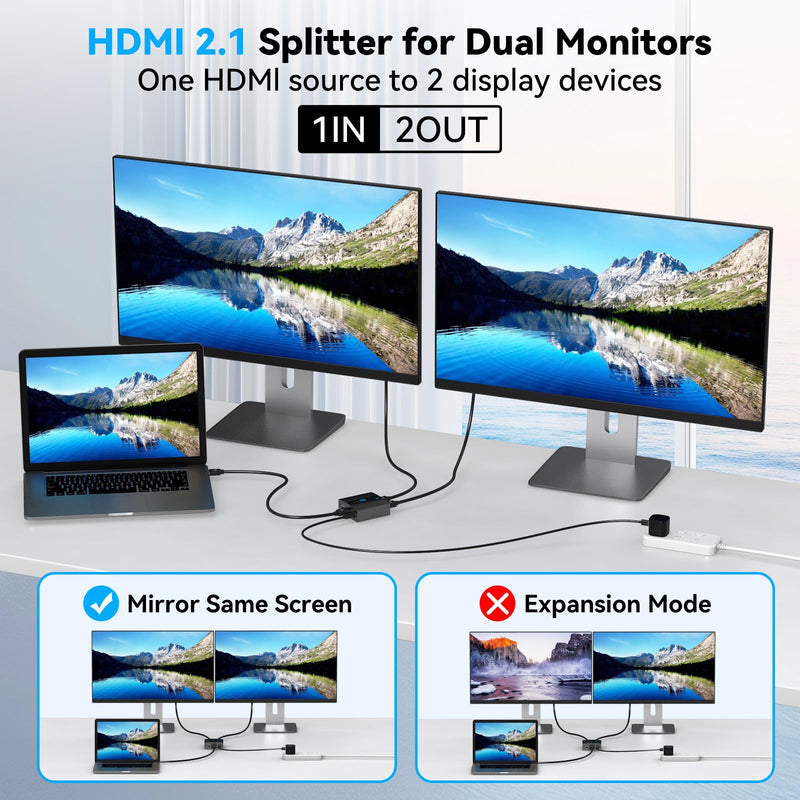 8K HDMI Splitter 1 in 2 Out 4k 120Hz HDMI 2.1 Splitter for Dual Monitors Support EDID Management HDCP 2.3 HDR 10 for Laptops PCs TV Boxes DVD Players PS5/PS4/PS3 black