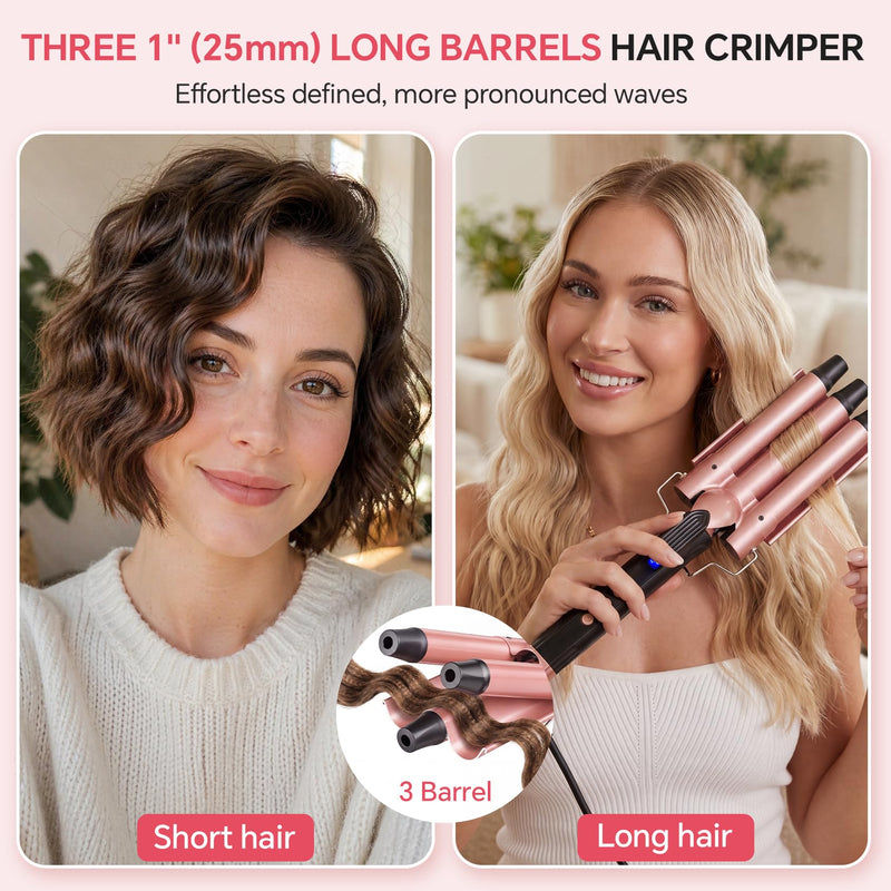 3 Barrel Hair Waver for Long or Short Styling, 25mm Hair Curler Crimper with 14 Temperature Settings 100-230°C, Ceramic Curling Iron Tongs Creates Mermaid Waves