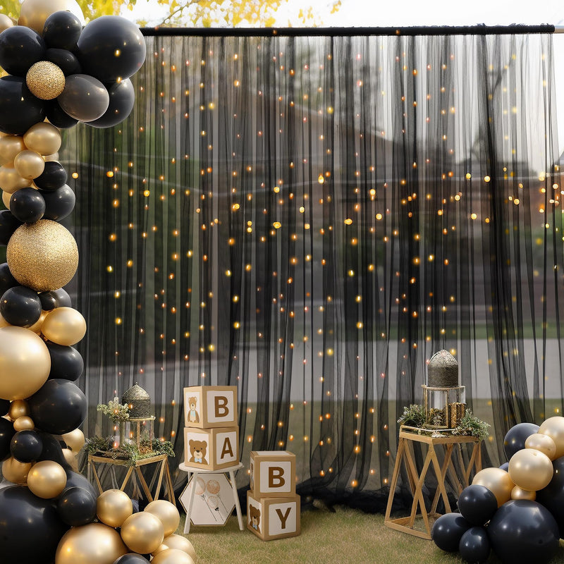 20×8ft Black Tulle Curtain Backdrop with Lights String for Parites, Sheer Backdrop Curtain Drapes for Wedding Photo Baby Shower Photography Birthday Party 20 ft X 8 ft(4 Panel-5ft X 8ft)