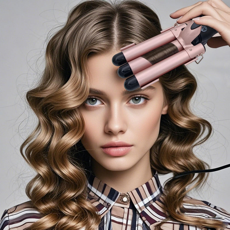3 Barrel Hair Curler, 25mm Ceramic Tourmaline Hair Curling Iron Waver Wand with LCD Temperature Display, Fast Heating Foldable Crimpers for Travel (Gold) Gold
