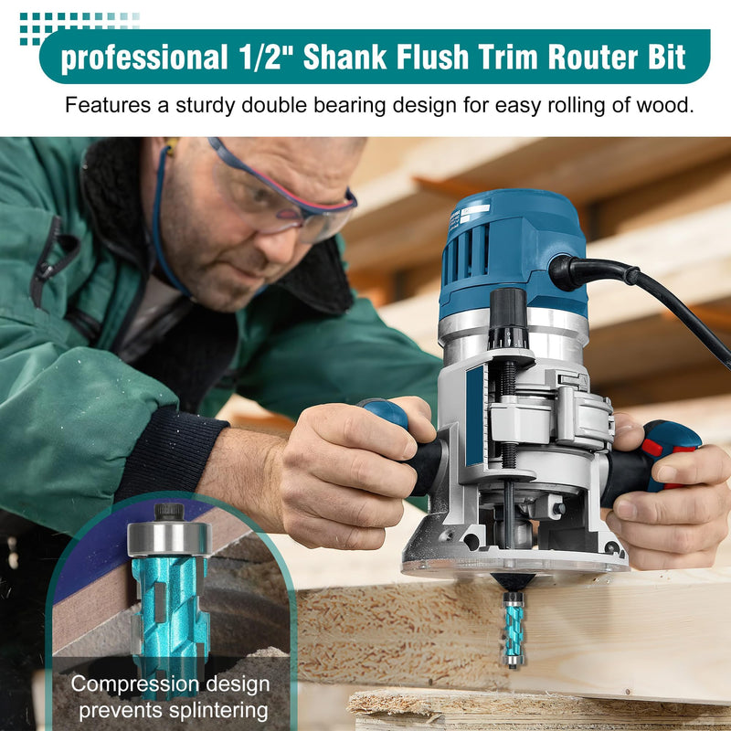 2PCS Flush Trim Router Bit 1/2 Shank for Woodworking Leveling Trimming, Double Bearing Spiral Trimmer 1.75" &2.56 " Cutting Length, Spiral Flush Trim Router Bit 1/2 Shank for Wood/MDF/Plywood