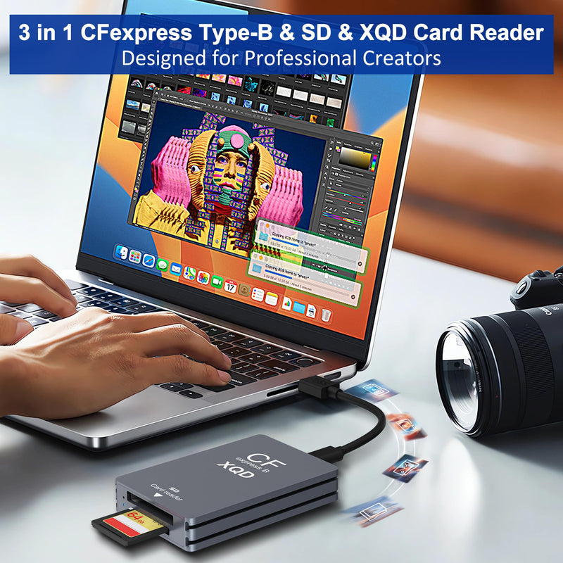CFexpress Type B/XQD/SD Card Reader, 10Gbps USB3.2 Gen2 3-in-1 Aluminum CFexpress Type B Card Adapter SD/XQD Card Reader with USB C/USB-A Cable for Thunderbolt 3/4 for Photographers & Videographers