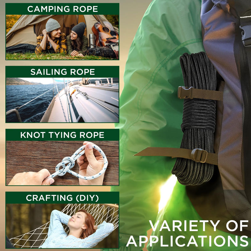 TECEUM Rope 1000lb – 1/4” & 3/8” – 90 FT | 150 FT – Strong All-Purpose Utility Rope – Camping, Crafting, Flag Pole, Indoor & Outdoor – Polypropylene Nylon Poly Lightweight Diamond Braided Cord – Black 1/4" - 90 FT (27.5M)