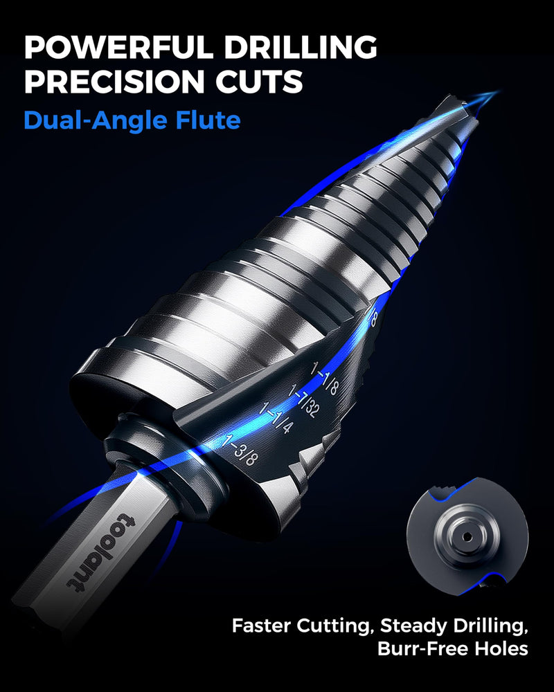 toolant 1/4" to 1-3/8" Step Drill Bit with Upgraded Dual-Angle Flutes & Multi-Function Cutting Edges, M2 HSS & Nitriding Coating for Stainless Steel, Copper, Aluminum, Wood, Plastic