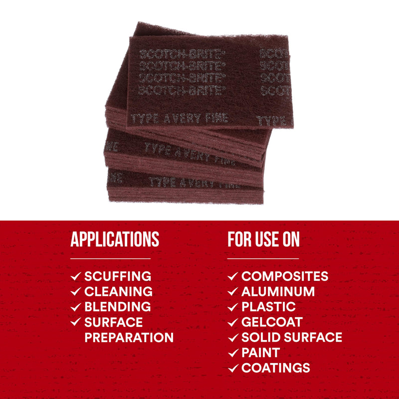 3M Scotch-Brite General Purpose 7447 Hand Pad, Very Fine Grade, 6 in x 9 in, Pack of 30, Aluminum Oxide, Surface Preparation, Scuffing, Blending, Cleaning, Maroon