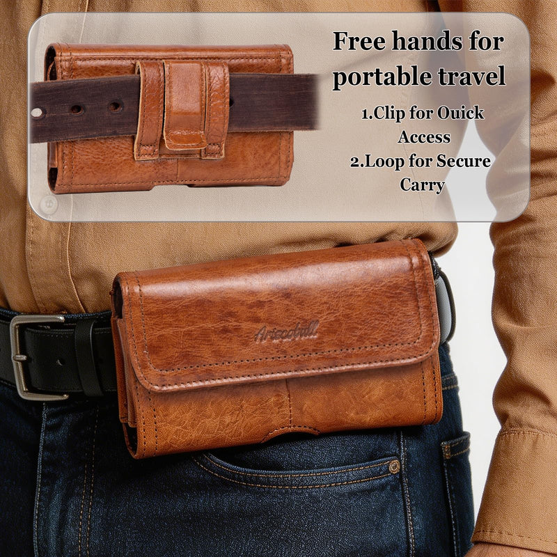 Leather Phone Holster Cell Phone Belt Holder with Clip for Large iPhone Plus - Pro Max 16 15 14 13, Samsung Galaxy Ultra S25 S24 (Brown, Large) Brown