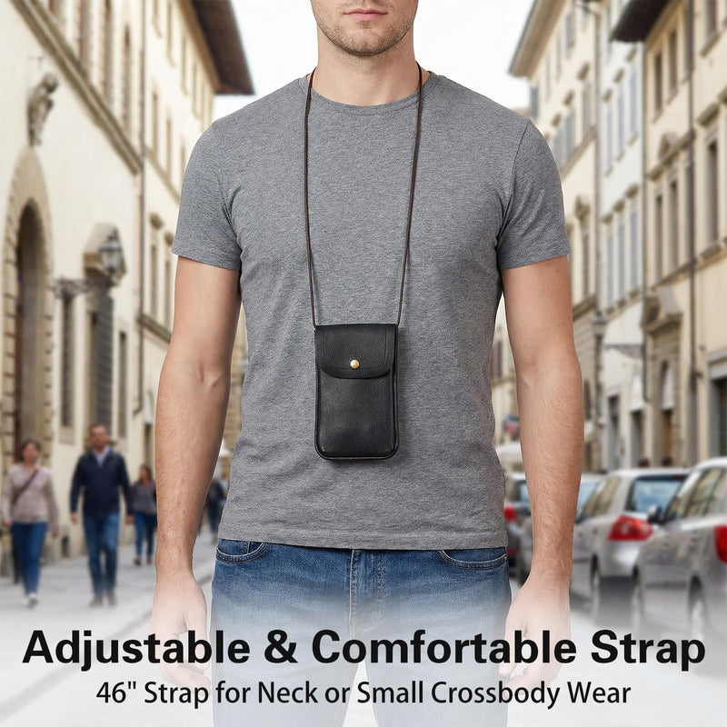 Amabro Cell Mobile Phone Pouch with Credit Card Holder for Around the Neck | PU Leather, Adjustable Strap Lanyard Carrier for Small Travel Purse Wallet Outdoor All Smartphones, 6.69" x 3.93"(Black)