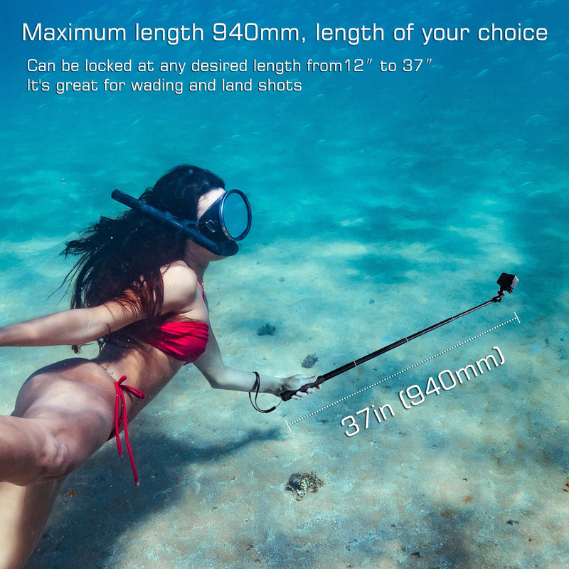 37''Waterproof Handle Grip 360°Ballhead Underwater Selfie Stick Pole Lightweight 2in1 for Camera+Smartphone Tripod Stand+Phone Holder Included for Gopro Insta360 AKASO Vlog Diving Monopod