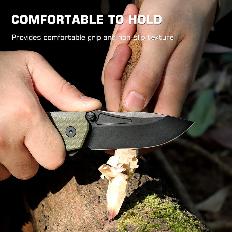 REMETTE EDC Pocket Knife Rhino,3" D2 Steel Blade Durable G10 Handle, Folding Pocket Knives with Reversible Pocket Clip, Sharp Camping Hiking Pocket Knife for Men Green