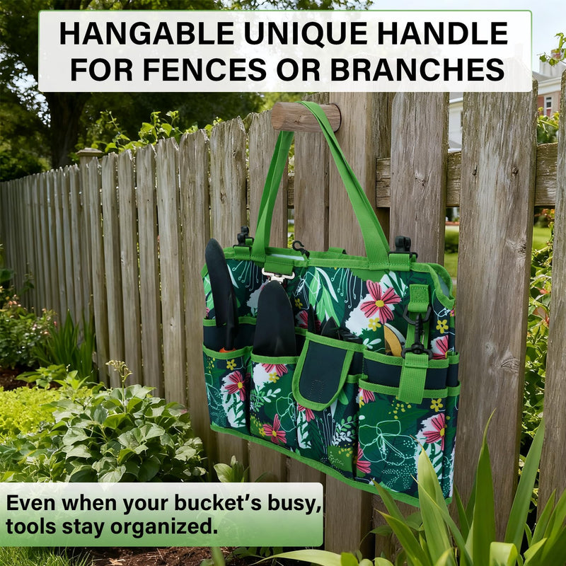 KUNN Bucket Tool Organizer 5 Gallon 18-Pocket Gardening Tool Bag with Hangable Handle | Garden Caddy & Bucket Accessory, Green Green Leaf