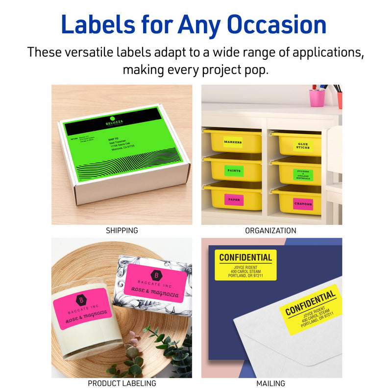 Avery Printable Labels with Sure Feed, 2" x 4", Assorted Neon Colors (Green, Magenta, and Yellow), Removable Adhesive, Laser & Inkjet Compatible, 120 Blank Labels Total (6481) 2" x 4" 1 Pack