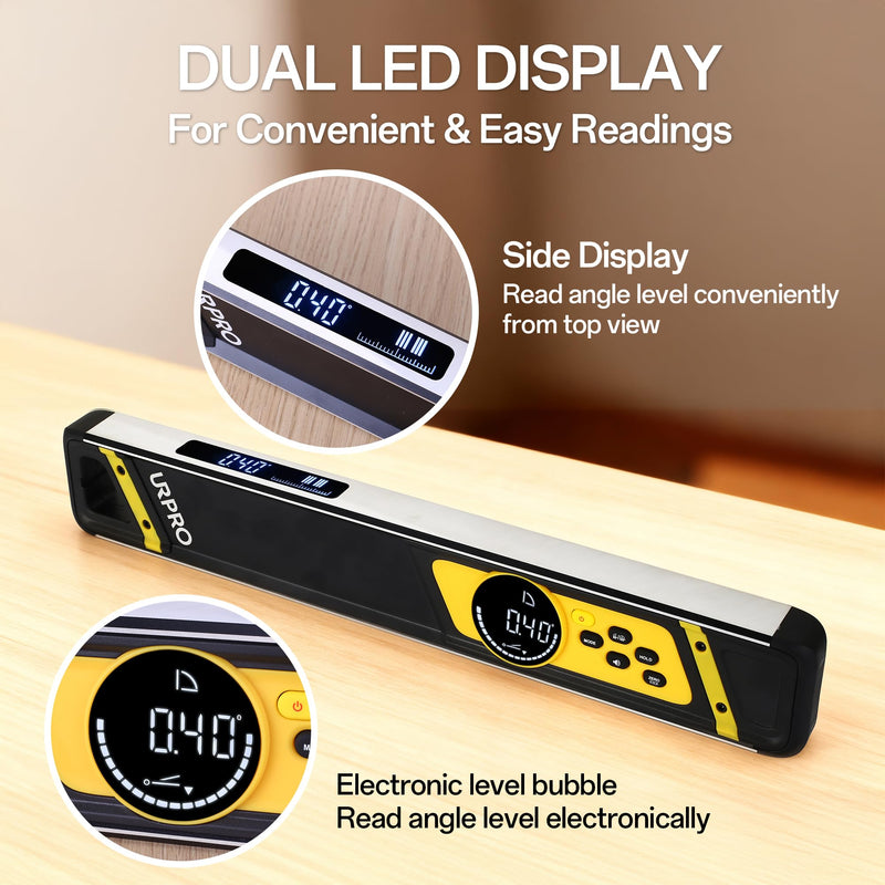Inclinometer, Top View Screen Digital Torpedo Level and Protractor Neodymium V-Groove Magnets Display Smart Level IP54