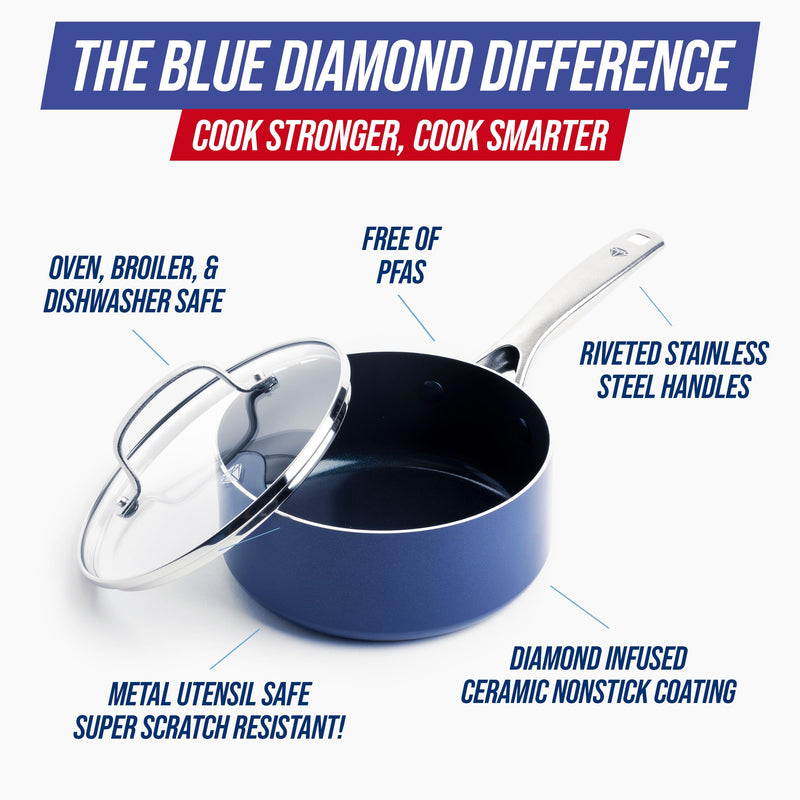 Blue Diamond Nonstick 2QT Saucepan with Lid, Non Toxic PFAS-Free Diamond Ceramic, Dishwasher & Oven Safe, Metal Utensil Safe Pot, Stay Cool Handle, Chef Pan, Glass Lid, Blue 2 Quart Saucepan