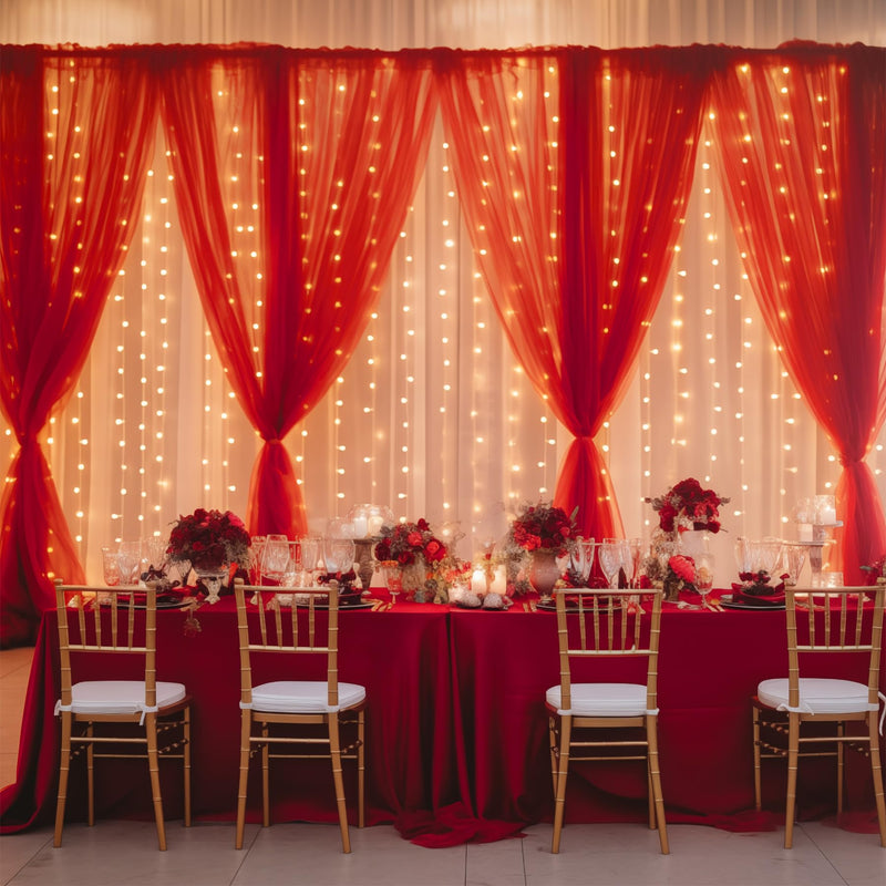 10×10ft Red Tulle Backdrop Curtain with Lights String for Parties, Sheer Curtain Backdrop Drapes for Wedding Party Photography Background