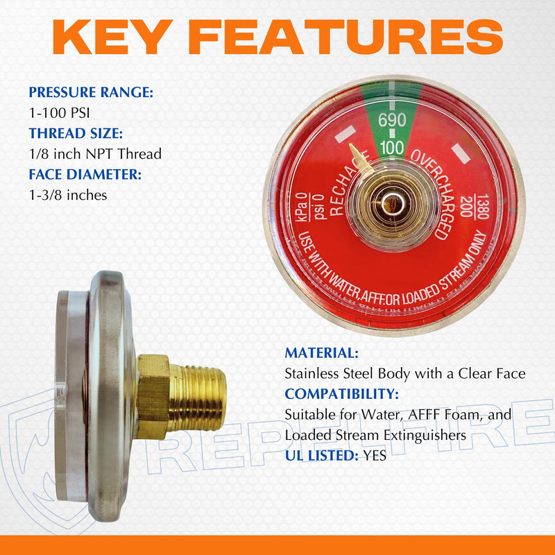 100 PSI Pressure Gauge for Portable Water Fire Extinguishers | Fits Amerex, Ansul, Badger | 1/8" NPT Thread | Stainless Steel Body, Clear Dial | Replacement Part | 12-Pack 100 PSI Water