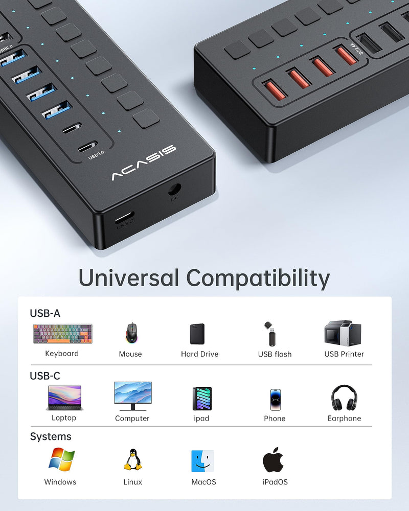 Powered USB 3.0 Hub, ACASIS 16 Port USB Hub Powered(Include 2*USB C 3.0+4 Smart Charging Port) with 60W Power Adapter, Support Wall Mount, USB Hub for PC Laptop, Mac, Printer, Camera 16 ports
