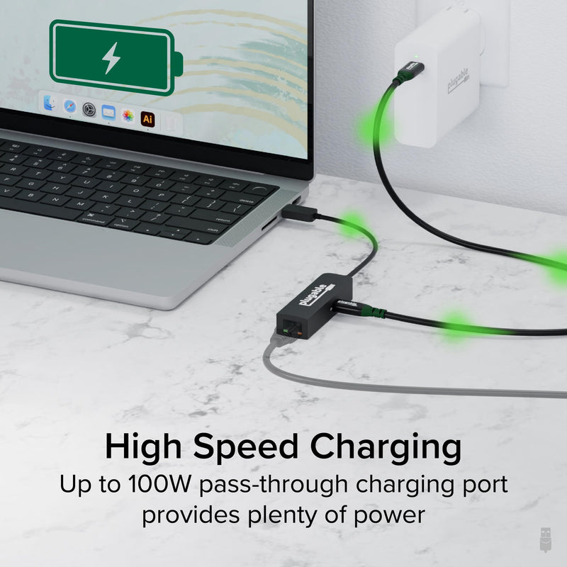 Plugable USB C to Ethernet Adapter 2.5Gb with 100W USB-C PD Charging, 2.5 Gigabit Type C USB Ethernet Adapter for Windows, MacBook, Chrome, iPad, Surface, XPS, Thunderbolt 4, USB4 (USBC-E2500PD)
