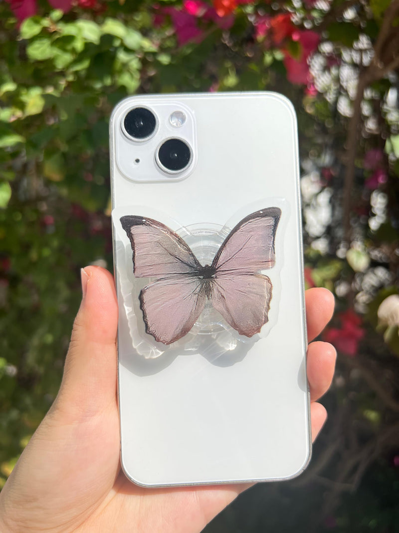 Butterfly Sticky Mobile Phone Grip, Clear Cell Phone Stand, Expanding Cell Phone Charms Accessory, Interchangeable Finger Kickstand, Collapsible Handle Grip Holder for Kindle Gray