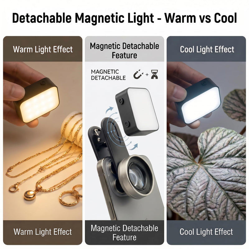 Macro Lens for iPhone 10X Phone Camera Lens Kit with Fill Light & Star Filter, Magnetic Warm/Cool Fill Light Universal Clip for Nail Art & Jewelry Photography