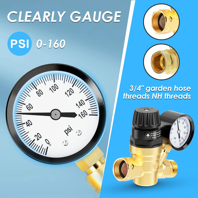 RV Water Pressure Regulator Valve, Brass Lead-Free Adjustable Water Pressure Reducer with Gauge and Inlet Filter for RV Camper and Travel Trailer
