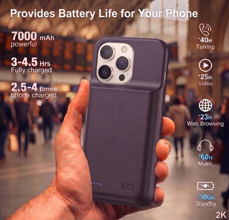 Battery Case for iPhone 16 Pro, Ultra-Slim Travel Portable Charging Case, 2026 Upgrade 7000 mAh Extended Battery Life, Premium Materials Rechargeable Charger Case Black