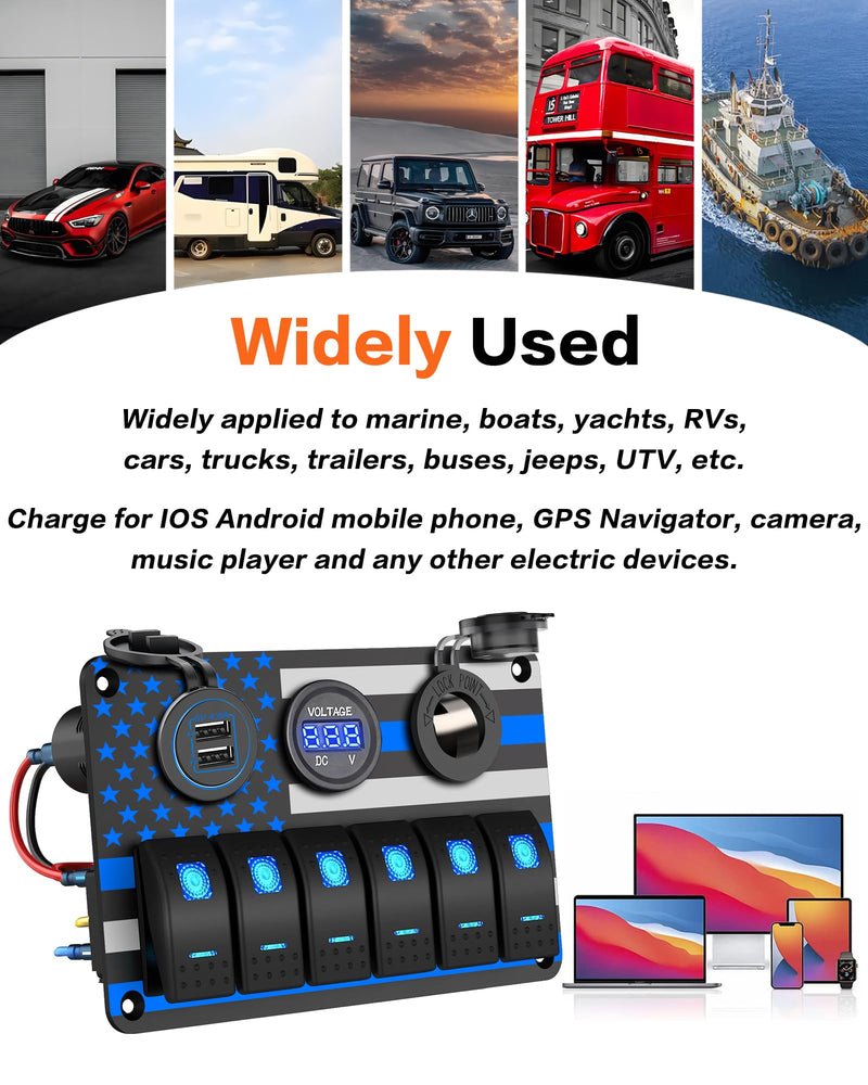 IZTOSS 6 Gang Switch Panel Waterproof Rocker Switch Panel Aluminum American Flag Design Marine Swtich Panel with Dual USB Charger, Digital Voltmeter, Power Socket for Boat Car RV Blue LED
