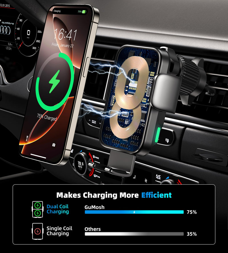 Dual Coil 15W Cup Phone Holder Mount,Wireless Car Charger Auto-Clamping Fast Charging Vent Phone Holders for Your Car for iPhone Series,Samsung Flip S24 S23 S22 Ultra (Grey-Black)