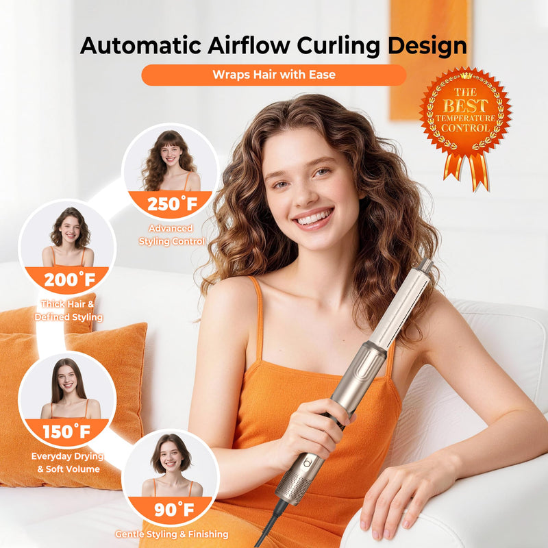 Hair Dryer Brush, 5 in 1 Hair Styler Hot Air Brush Multi Air Styler | With Interchangeable Heads, Negative Ionic Technology, Upgrade Auto Airflow Curl System, 3 Temperature Settings Gold