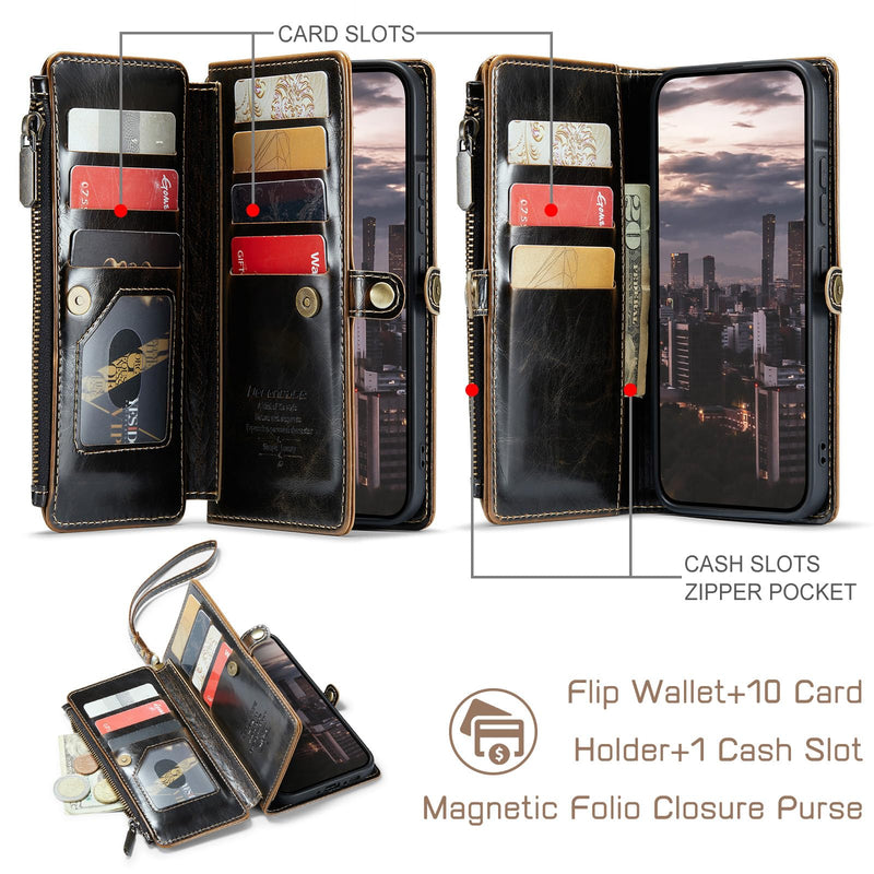 Defencase for Samsung Galaxy A37 5G Wallet Case with Card Holder, Coffee | RFID Blocking, Zipper Pocket, Durable PU Leather, Wrist Strap, Fashion Snap Flip Phone Cases Cover with Stand for Women Men