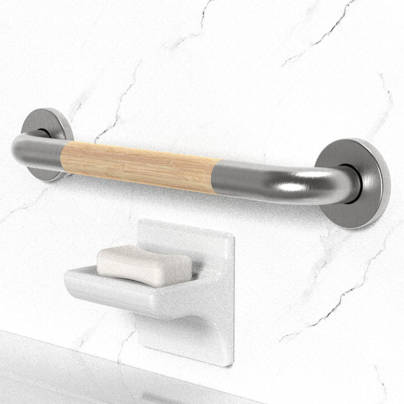 Safety Grab Bar for Bathroom & Toilet, Natural Bamboo Handle, ADA Compliant Balance Assist Handrail for Handicap and Seniors, 16in Brushed Nickel
