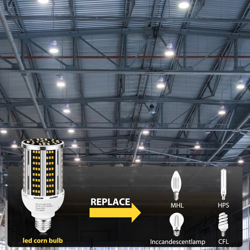 50W 2 pack LED Corn Light Bulb,3000K Warm White 6500LM(500W Equivalent ) Commercial GradeE26/E39 Medium Mogul Base LED Lamp,Large Area Lights For Outdoor Indoor Garage Warehouse Factory Bay Light 2pack 50.1w Corn Bulb