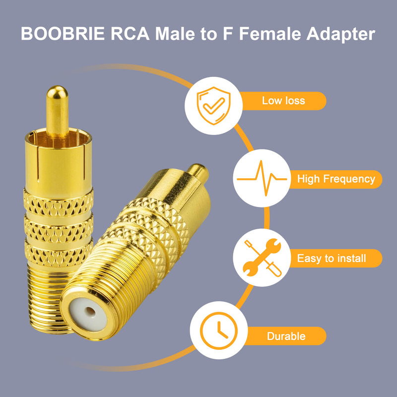 2-Pack RCA Male to F-Type Female Coaxial Adapter 75-Ohm Gold-Plated F to RCA Plug Converter for Antenna TV, Subwoofer, Cable Box, Satellite Receiver, CCTV