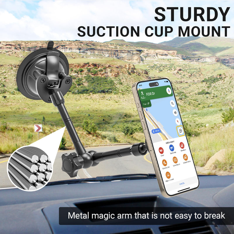 Vacuum Suction Cup Magnetic Phone Mount for Truck Windshield Dashboard, Fit for 4.7-11" Device, Heavy-Duty 360° Adjustable Metal Arm, Compatible with iPhone 16 15 14 Pro Max, iPad, Galaxy Tabs