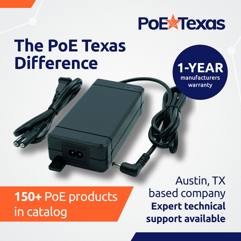 PoE Texas 48 Volt 120 Watt DC Power Supply with Wall Mount Tabs - Compatible with Power Over Ethernet Injectors, Switches, and Other Applications - 100-240V AC Input - 5.5X 2.1mm DC Barrel Connector 48V 120W