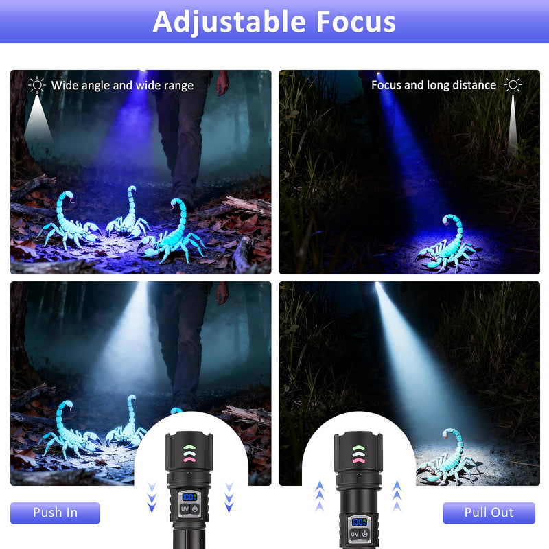 365nm UV Flashlight Black Light, Rechargeable 2-in-1 White and Ultraviolet Light Combo, Zoomable LCD Display UV Light for Pet Urine Detection, Resin, Rocks, Scorpion, AC Leak, Camping, Emergencies