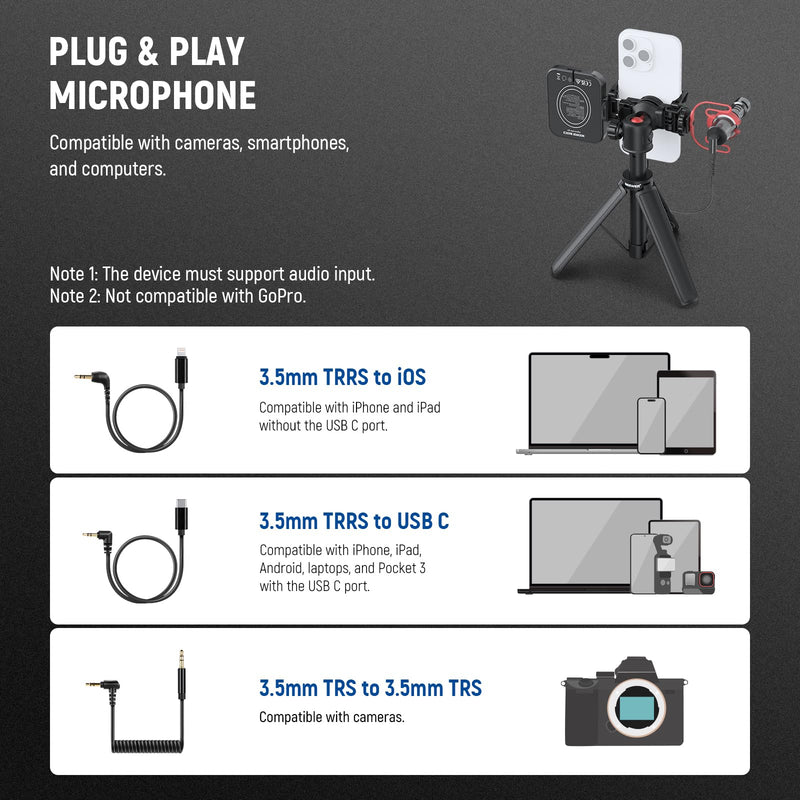NEEWER Plug & Play Vlog Microphone for Camera, 20-20KHz Mini Supercardioid Mic Compatible with Sony Canon Nikon iPhone Samsung Android Tablet Mac with 3.5mm TRS USB C OTG Shock Mount Windscreen, VM10